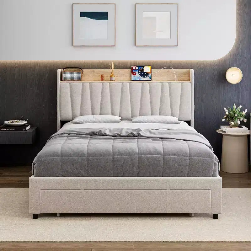 King Size Bed Frame with Storage Headboard, Charging Station, Upholstered Platform with Drawers, Sturdy Wooden Slats, No Box Spring, Light Grey