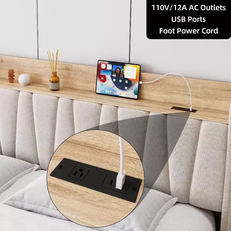 King Size Bed Frame with Storage Headboard, Charging Station, Upholstered Platform with Drawers, Sturdy Wooden Slats, No Box Spring, Light Grey
