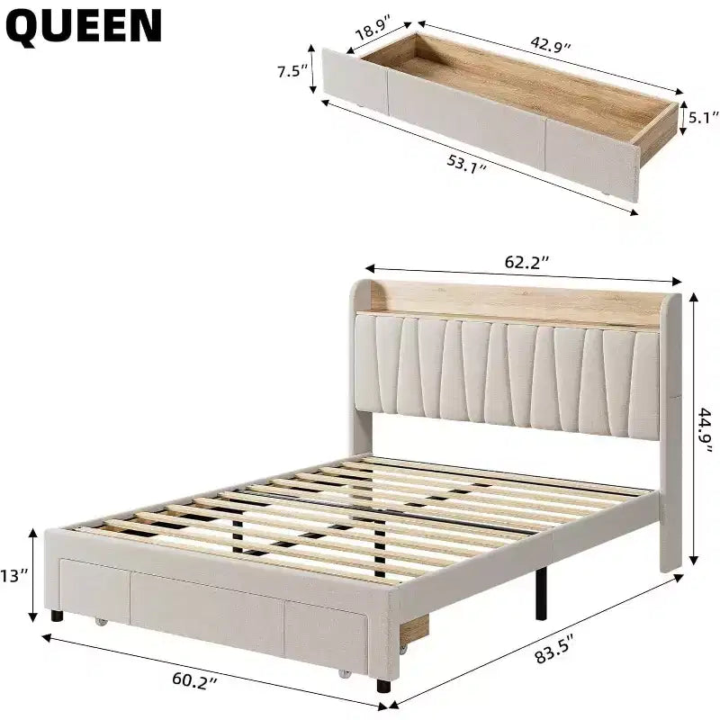 King Size Bed Frame with Storage Headboard, Charging Station, Upholstered Platform with Drawers, Sturdy Wooden Slats, No Box Spring, Light Grey