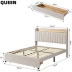 King Size Bed Frame with Storage Headboard, Charging Station, Upholstered Platform with Drawers, Sturdy Wooden Slats, No Box Spring, Light Grey