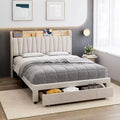 King Size Bed Frame with Storage Headboard, Charging Station, Upholstered Platform with Drawers, Sturdy Wooden Slats, No Box Spring, Light Grey