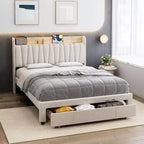 King Size Bed Frame with Storage Headboard, Charging Station, Upholstered Platform with Drawers, Sturdy Wooden Slats, No Box Spring, Light Grey