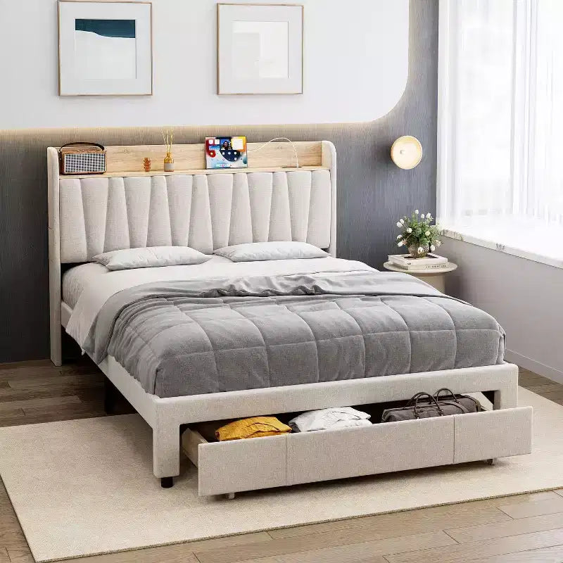 King Size Bed Frame with Storage Headboard, Charging Station, Upholstered Platform with Drawers, Sturdy Wooden Slats, No Box Spring, Light Grey