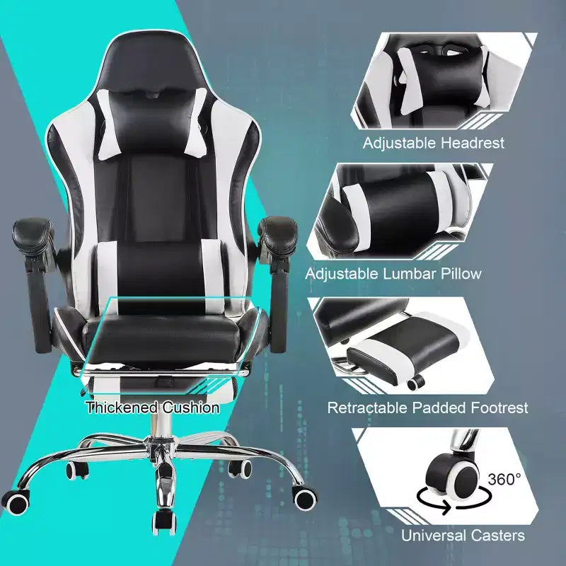 Sedia da gaming reclinabile VECELO, sedia da gaming ergonomica in pelle sintetica regolabile in altezza con poggiapiedi e supporto lombare, nera