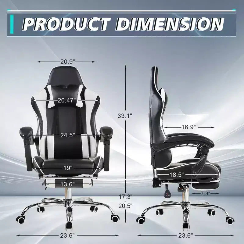 Sedia da gaming reclinabile VECELO, sedia da gaming ergonomica in pelle sintetica regolabile in altezza con poggiapiedi e supporto lombare, nera
