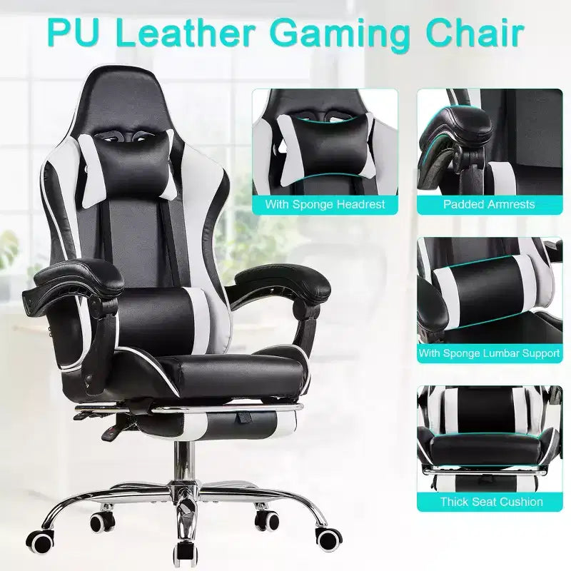 Sedia da gaming reclinabile VECELO, sedia da gaming ergonomica in pelle sintetica regolabile in altezza con poggiapiedi e supporto lombare, nera