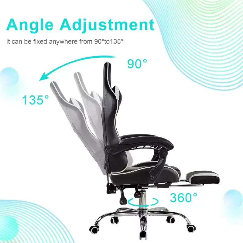Sedia da gaming reclinabile VECELO, sedia da gaming ergonomica in pelle sintetica regolabile in altezza con poggiapiedi e supporto lombare, nera