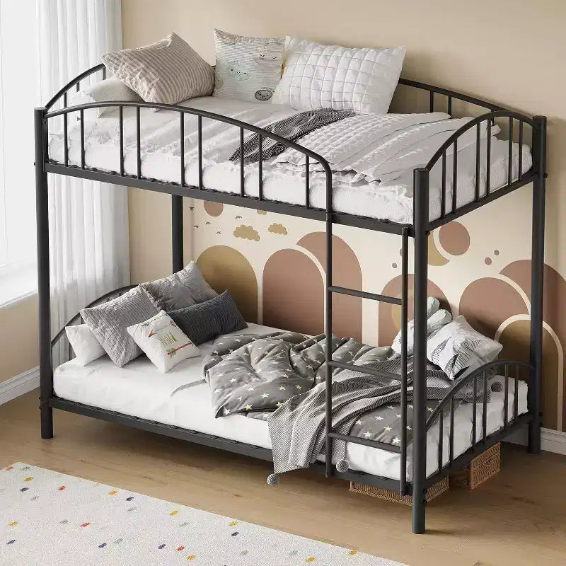Twin Over Twin Metal Bunk Bed, Heavy-Duty Frame with Arched Guardrails and Safety Ladder, Sturdy Steel Design for Kids, No Box Spring Required.
