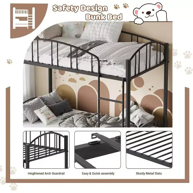 Twin Over Twin Metal Bunk Bed, Heavy-Duty Frame with Arched Guardrails and Safety Ladder, Sturdy Steel Design for Kids, No Box Spring Required.