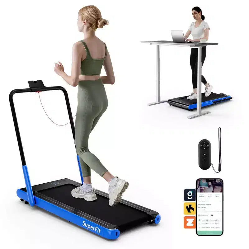 Tapis Roulant Pieghevole 3-in-1 Costway con App Intelligenti Telecomando Display LED e Altoparlanti Blu/Argento