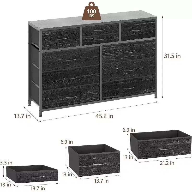 Acekool Cassettiera a 10 cassetti, porta TV per televisori fino a 55 pollici, mobile contenitore per camera da letto o soggiorno, colore nero