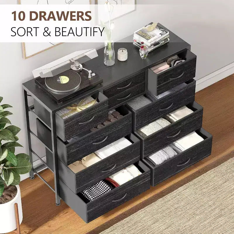 Acekool Cassettiera a 10 cassetti, porta TV per televisori fino a 55 pollici, mobile contenitore per camera da letto o soggiorno, colore nero