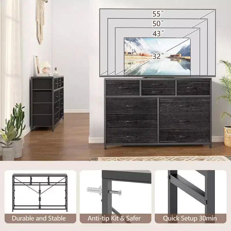 Acekool Cassettiera a 10 cassetti, porta TV per televisori fino a 55 pollici, mobile contenitore per camera da letto o soggiorno, colore nero