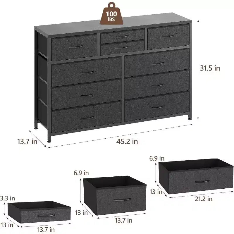 Acekool Cassettiera a 10 cassetti, porta TV per televisori fino a 55 pollici, mobile contenitore per camera da letto o soggiorno, colore nero