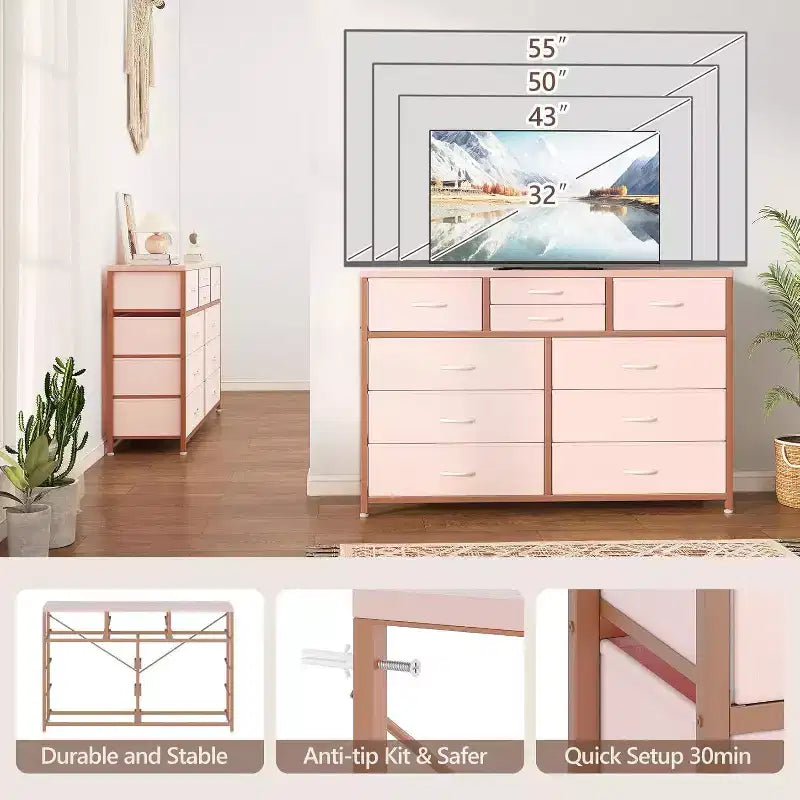 Acekool Cassettiera a 10 cassetti, porta TV per televisori fino a 55 pollici, mobile contenitore per camera da letto o soggiorno, colore nero