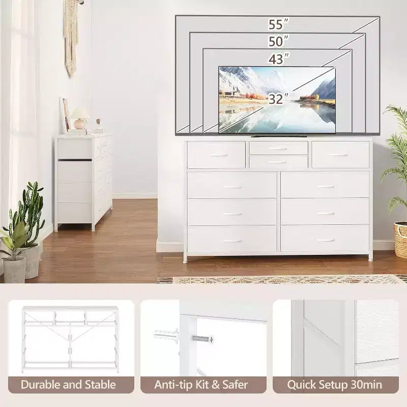 Acekool Cassettiera a 10 cassetti, porta TV per televisori fino a 55 pollici, mobile contenitore per camera da letto o soggiorno, colore nero