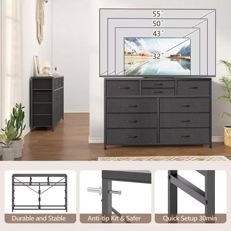Acekool Cassettiera a 10 cassetti, porta TV per televisori fino a 55 pollici, mobile contenitore per camera da letto o soggiorno, colore nero