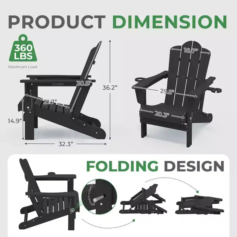 HYLEORY HDPE Folding Adirondack Chair with 2 Cup Holder - Composite Adirondack Chair