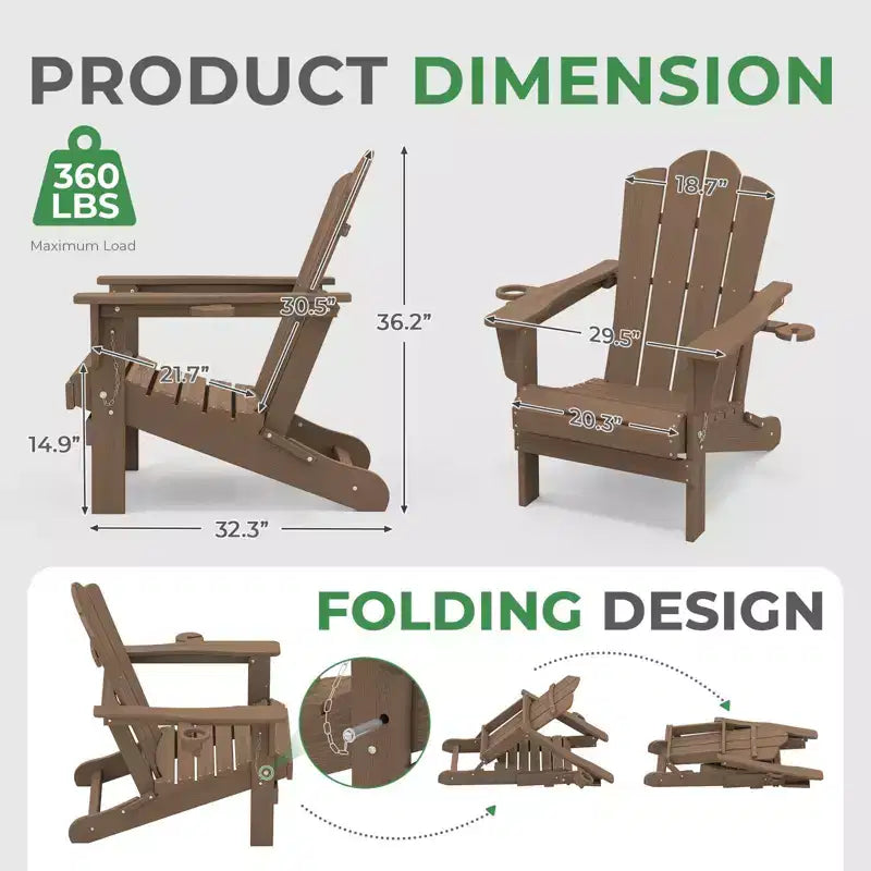 HYLEORY HDPE Folding Adirondack Chair with 2 Cup Holder - Composite Adirondack Chair