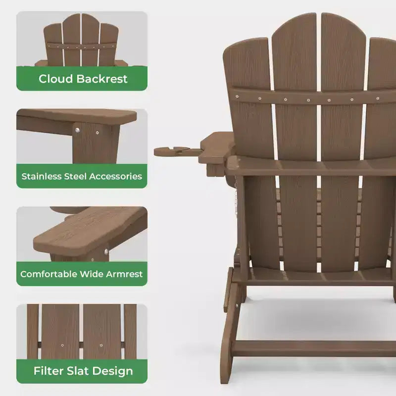 HYLEORY HDPE Folding Adirondack Chair with 2 Cup Holder - Composite Adirondack Chair
