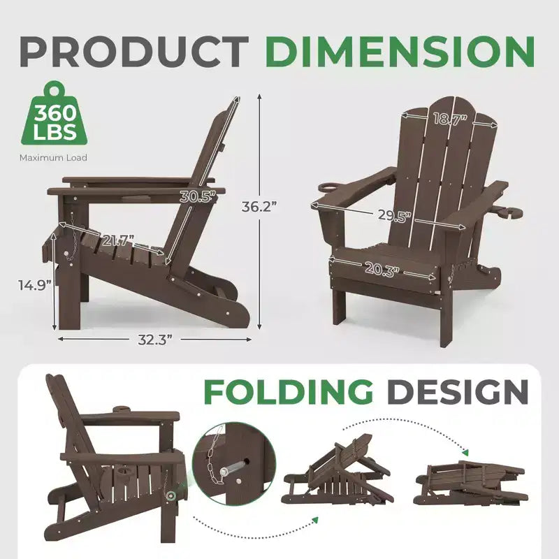 HYLEORY HDPE Folding Adirondack Chair with 2 Cup Holder - Composite Adirondack Chair