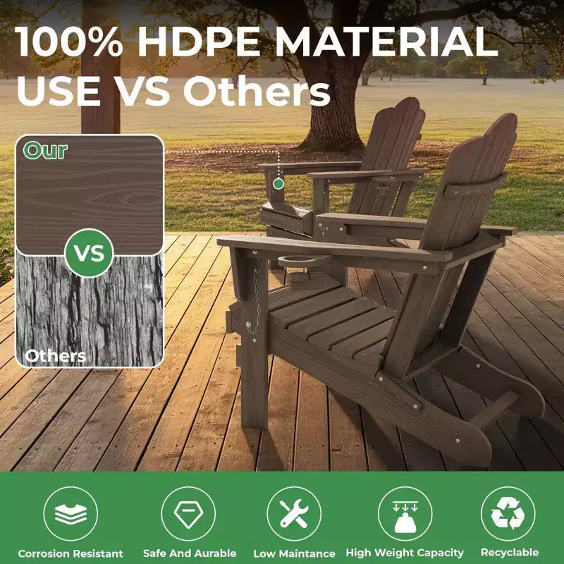 HYLEORY HDPE Folding Adirondack Chair with 2 Cup Holder - Composite Adirondack Chair