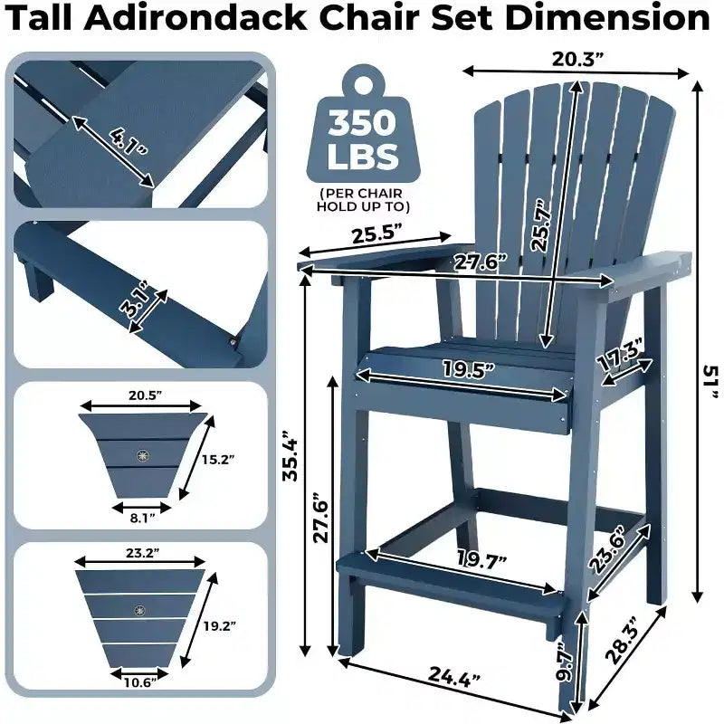 Sedie Adirondack da Esterno Alte da Bar con Vassoio Connesso, Sedie da Balcone, per Terrazzo, Giardino, Set da 2 Pezzi Resistente alle Intemperie