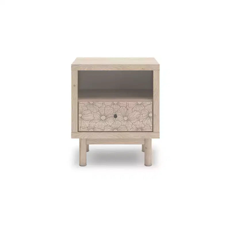 Comodino Signature Design by Ashley Birkmore con un cassetto e porta di ricarica USB, finitura rovere chiaro, cassetto con accento floreale, marrone chiaro