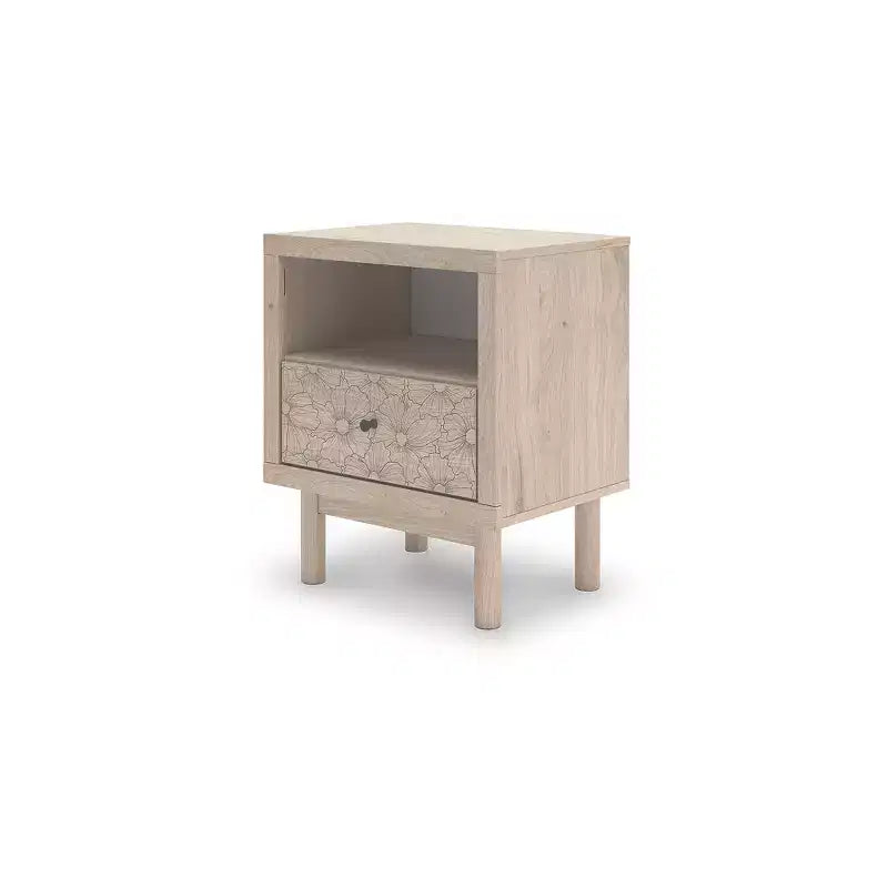 Comodino Signature Design by Ashley Birkmore con un cassetto e porta di ricarica USB, finitura rovere chiaro, cassetto con accento floreale, marrone chiaro