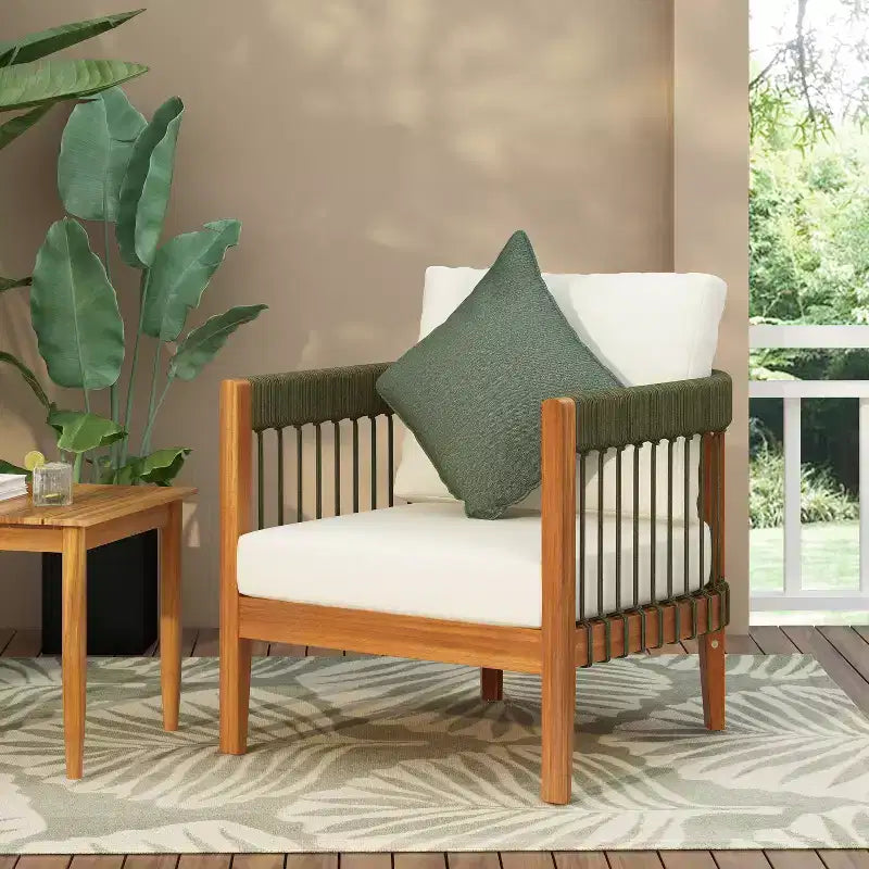 Christopher Knight Home Clifton Sedia club imbottita in acacia rustica e corda da patio con schienale curvo