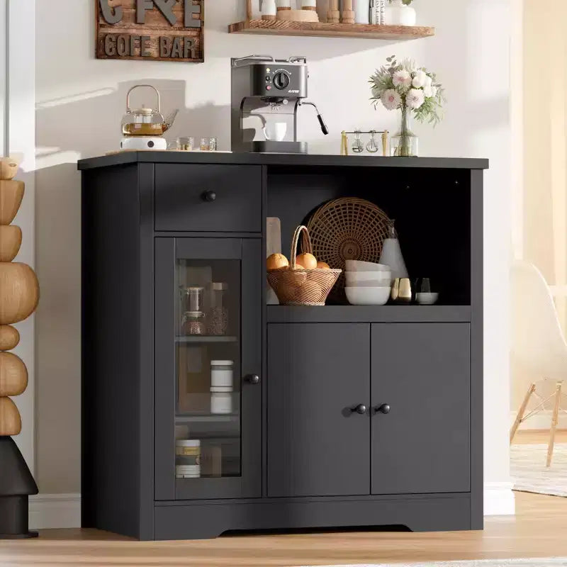 Whizmax Microwave Cabinet, Modern Buffet with Glass Doors & Adjustable Shelf, Wooden Sideboard with Storage Drawers & Wide Top for Dining/Living Room