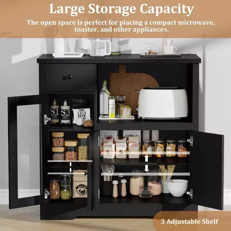 Whizmax Microwave Cabinet, Modern Buffet with Glass Doors & Adjustable Shelf, Wooden Sideboard with Storage Drawers & Wide Top for Dining/Living Room