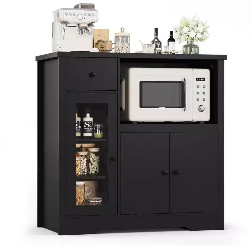 Whizmax Microwave Cabinet, Modern Buffet with Glass Doors & Adjustable Shelf, Wooden Sideboard with Storage Drawers & Wide Top for Dining/Living Room