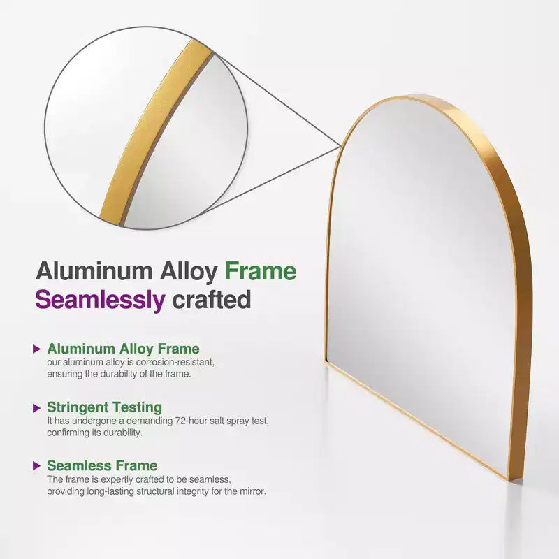 Specchio da parete dorato con bordo sottile, lega di alluminio, design ad arco ad angolo retto