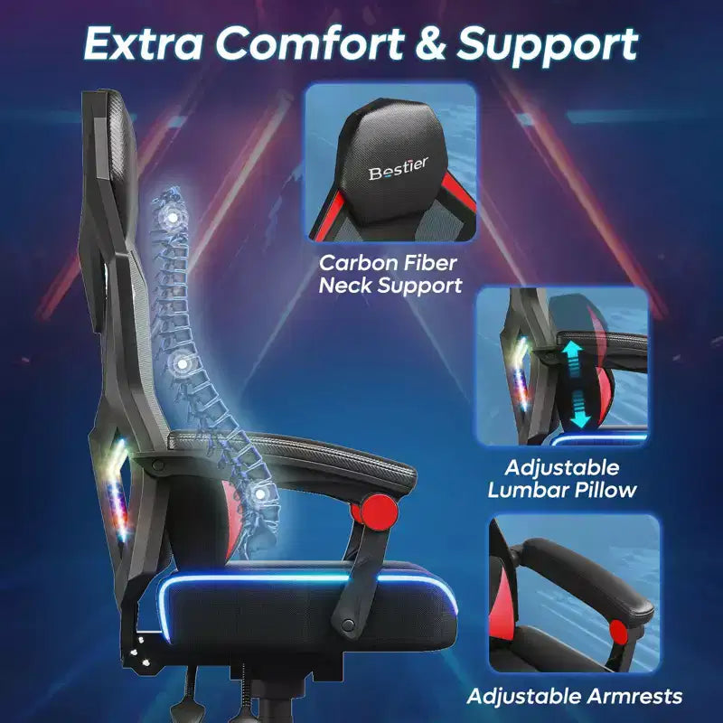 Sedia da gaming Bestier in tessuto traspirante con illuminazione LED RGB e braccioli regolabili