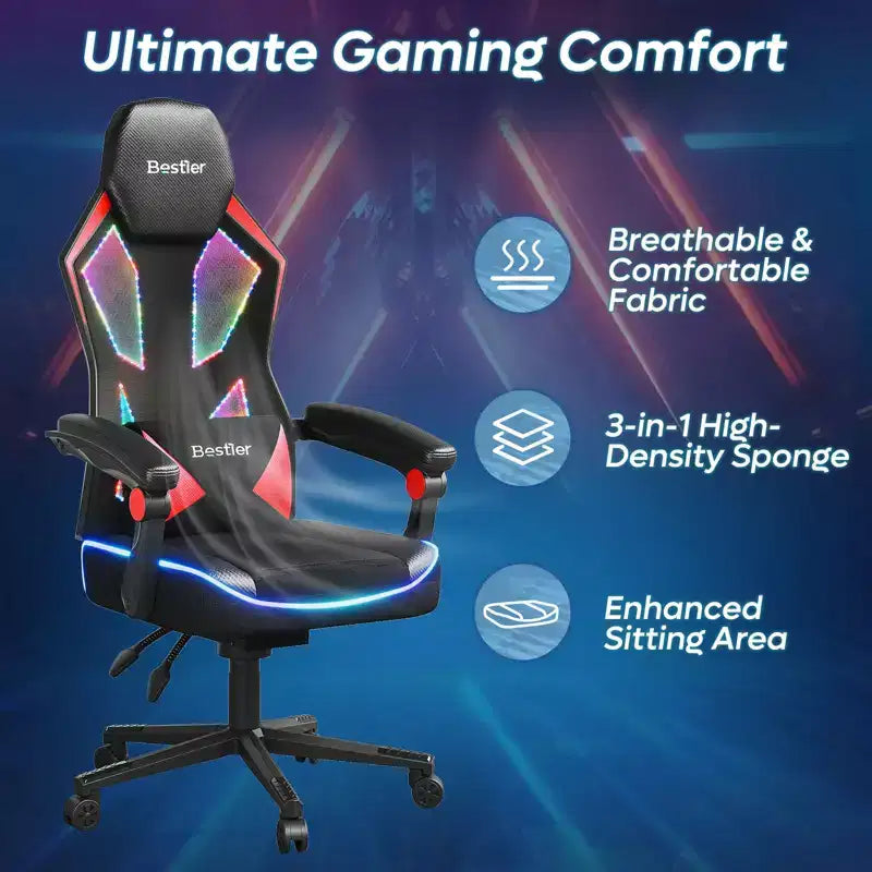 Sedia da gaming Bestier in tessuto traspirante con illuminazione LED RGB e braccioli regolabili