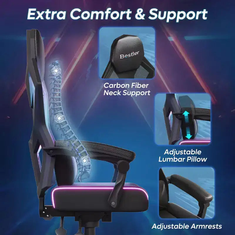 Sedia da gaming Bestier in tessuto traspirante con illuminazione LED RGB e braccioli regolabili