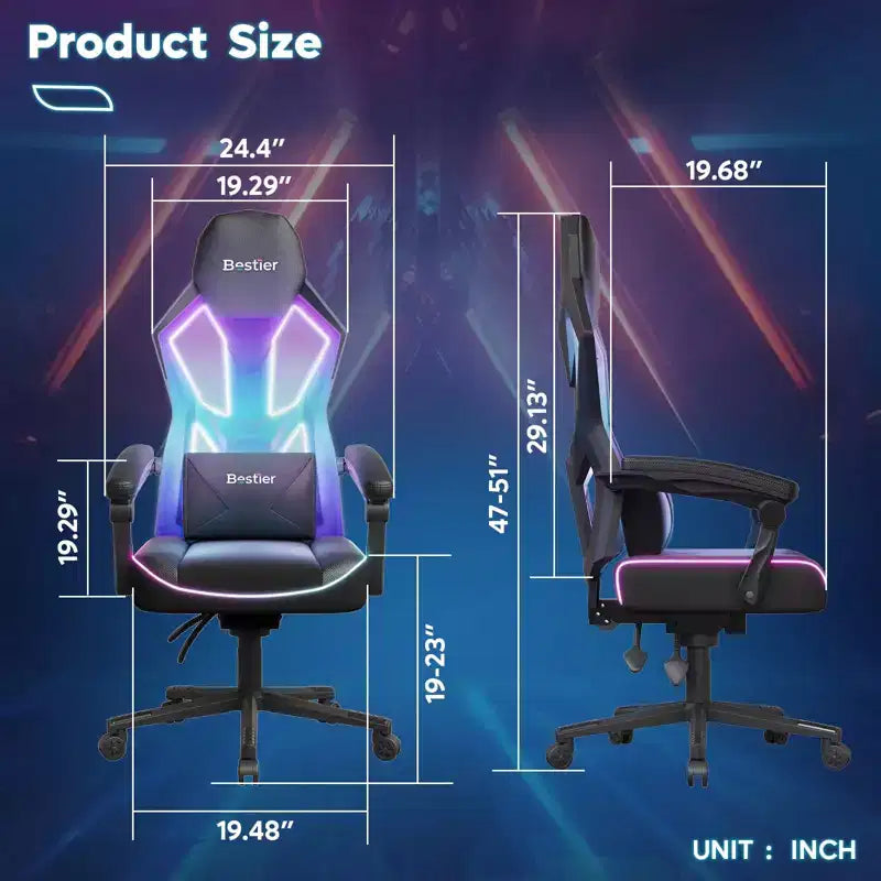Sedia da gaming Bestier in tessuto traspirante con illuminazione LED RGB e braccioli regolabili