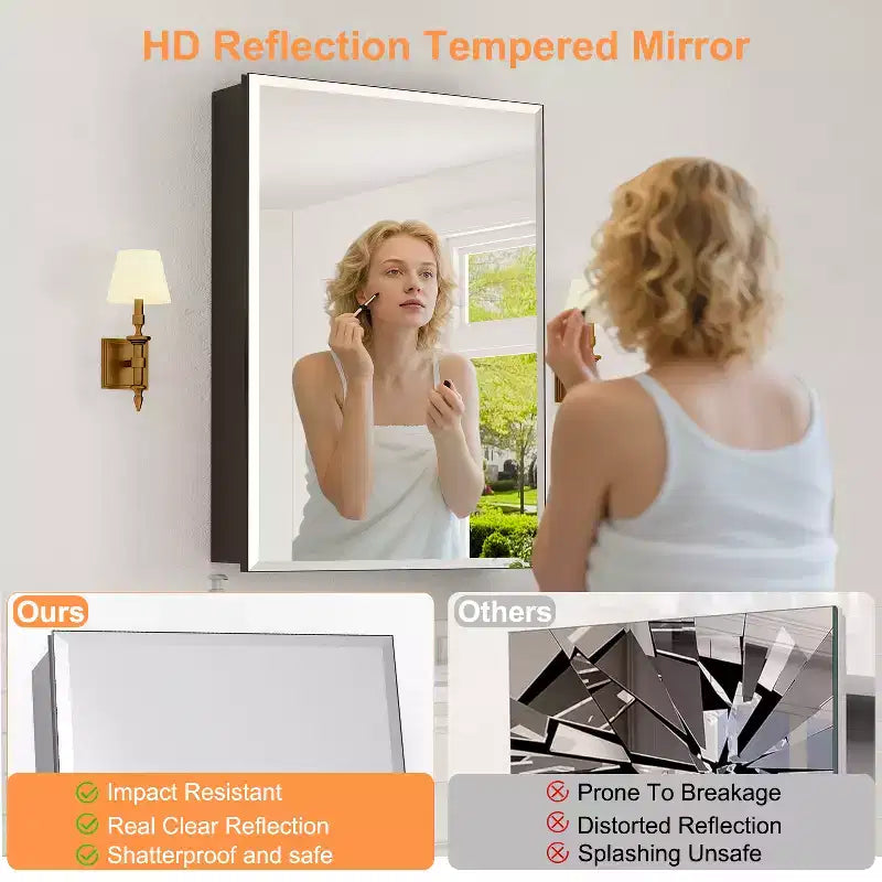 Pensile a Specchio Belle, Pensile ad Incasso/a Parete per Bagno, Specchio con Superficie Smussata, Ripiani Regolabili in Vetro Temperato, Nero