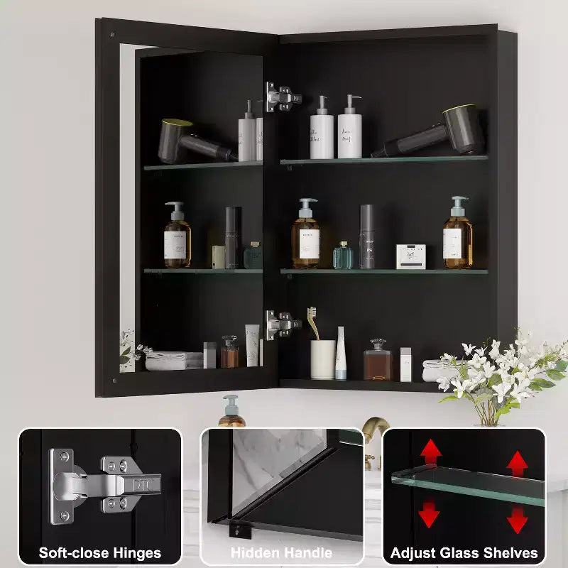 Pensile a Specchio Belle, Pensile ad Incasso/a Parete per Bagno, Specchio con Superficie Smussata, Ripiani Regolabili in Vetro Temperato, Nero