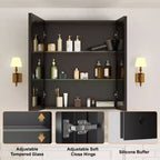 Pensile a Specchio Belle, Pensile ad Incasso/a Parete per Bagno, Specchio con Superficie Smussata, Ripiani Regolabili in Vetro Temperato, Nero