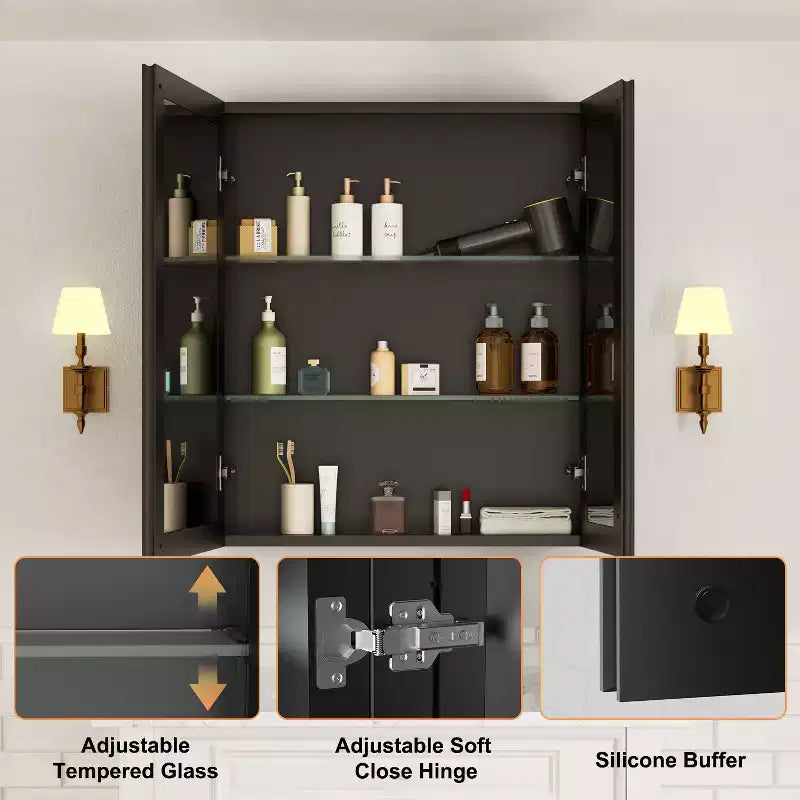 Pensile a Specchio Belle, Pensile ad Incasso/a Parete per Bagno, Specchio con Superficie Smussata, Ripiani Regolabili in Vetro Temperato, Nero