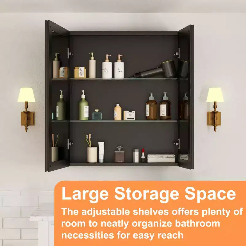 Pensile a Specchio Belle, Pensile ad Incasso/a Parete per Bagno, Specchio con Superficie Smussata, Ripiani Regolabili in Vetro Temperato, Nero