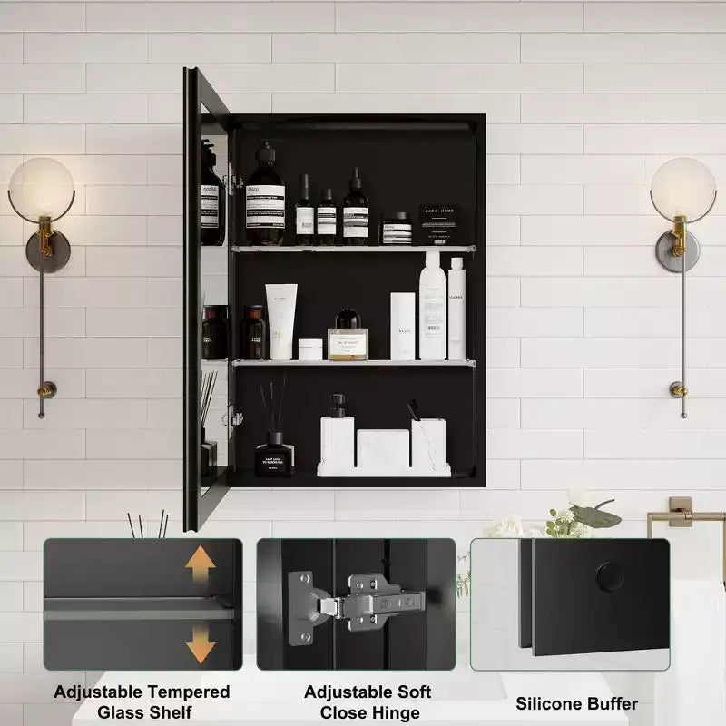 Pensile a Specchio Belle, Pensile ad Incasso/a Parete per Bagno, Specchio con Superficie Smussata, Ripiani Regolabili in Vetro Temperato, Nero