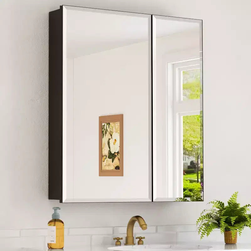 Pensile a Specchio Belle, Pensile ad Incasso/a Parete per Bagno, Specchio con Superficie Smussata, Ripiani Regolabili in Vetro Temperato, Nero