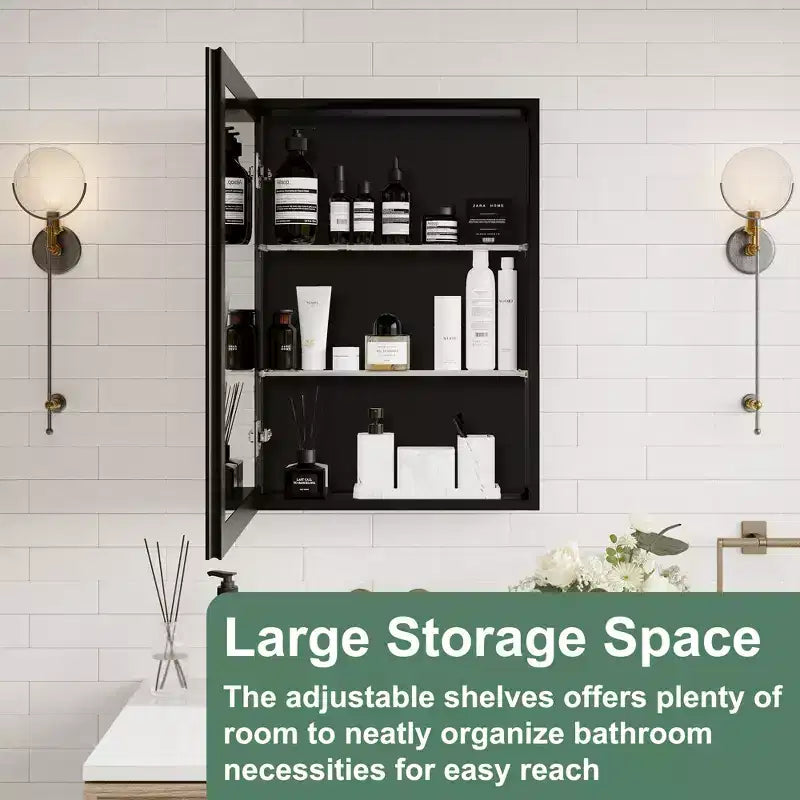 Pensile a Specchio Belle, Pensile ad Incasso/a Parete per Bagno, Specchio con Superficie Smussata, Ripiani Regolabili in Vetro Temperato, Nero