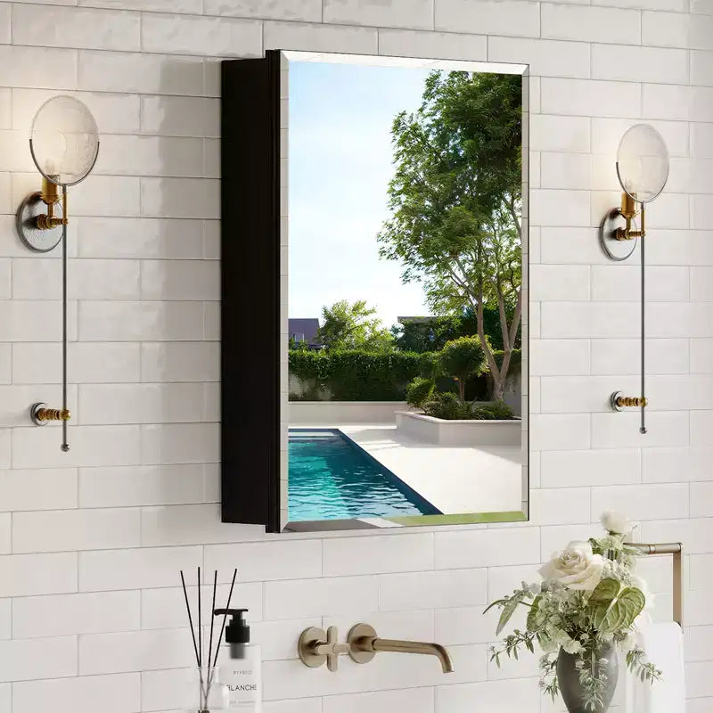 Pensile a Specchio Belle, Pensile ad Incasso/a Parete per Bagno, Specchio con Superficie Smussata, Ripiani Regolabili in Vetro Temperato, Nero