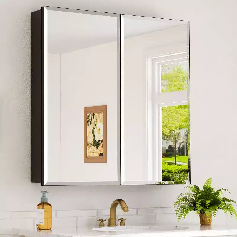 Pensile a Specchio Belle, Pensile ad Incasso/a Parete per Bagno, Specchio con Superficie Smussata, Ripiani Regolabili in Vetro Temperato, Nero