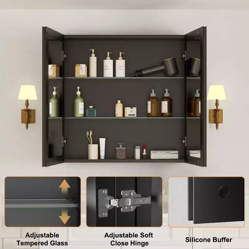 Pensile a Specchio Belle, Pensile ad Incasso/a Parete per Bagno, Specchio con Superficie Smussata, Ripiani Regolabili in Vetro Temperato, Nero