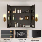 Pensile a Specchio Belle, Pensile ad Incasso/a Parete per Bagno, Specchio con Superficie Smussata, Ripiani Regolabili in Vetro Temperato, Nero